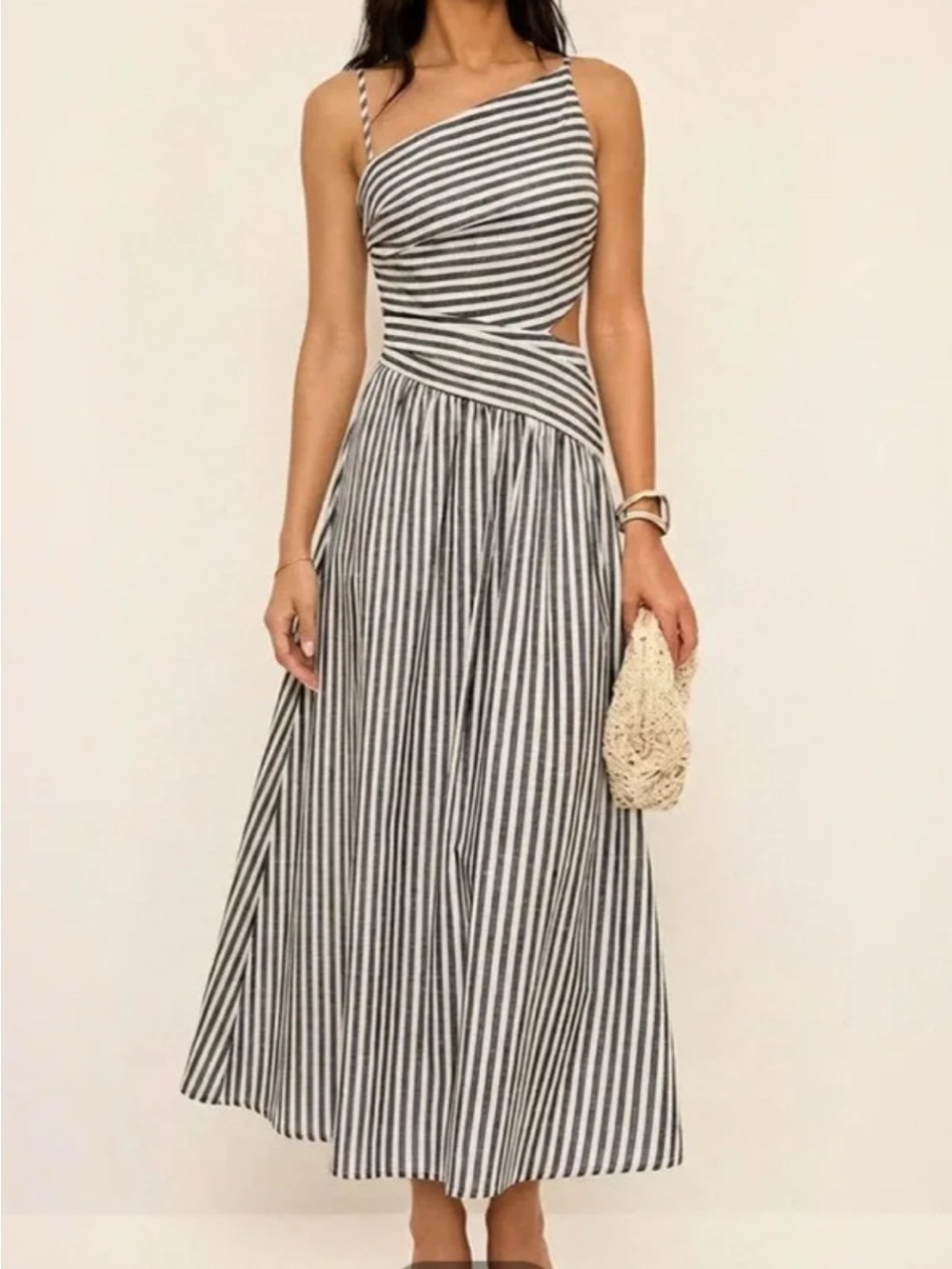 Commense Striped Asymmetric Cutout Maxi Dress - Gray & White